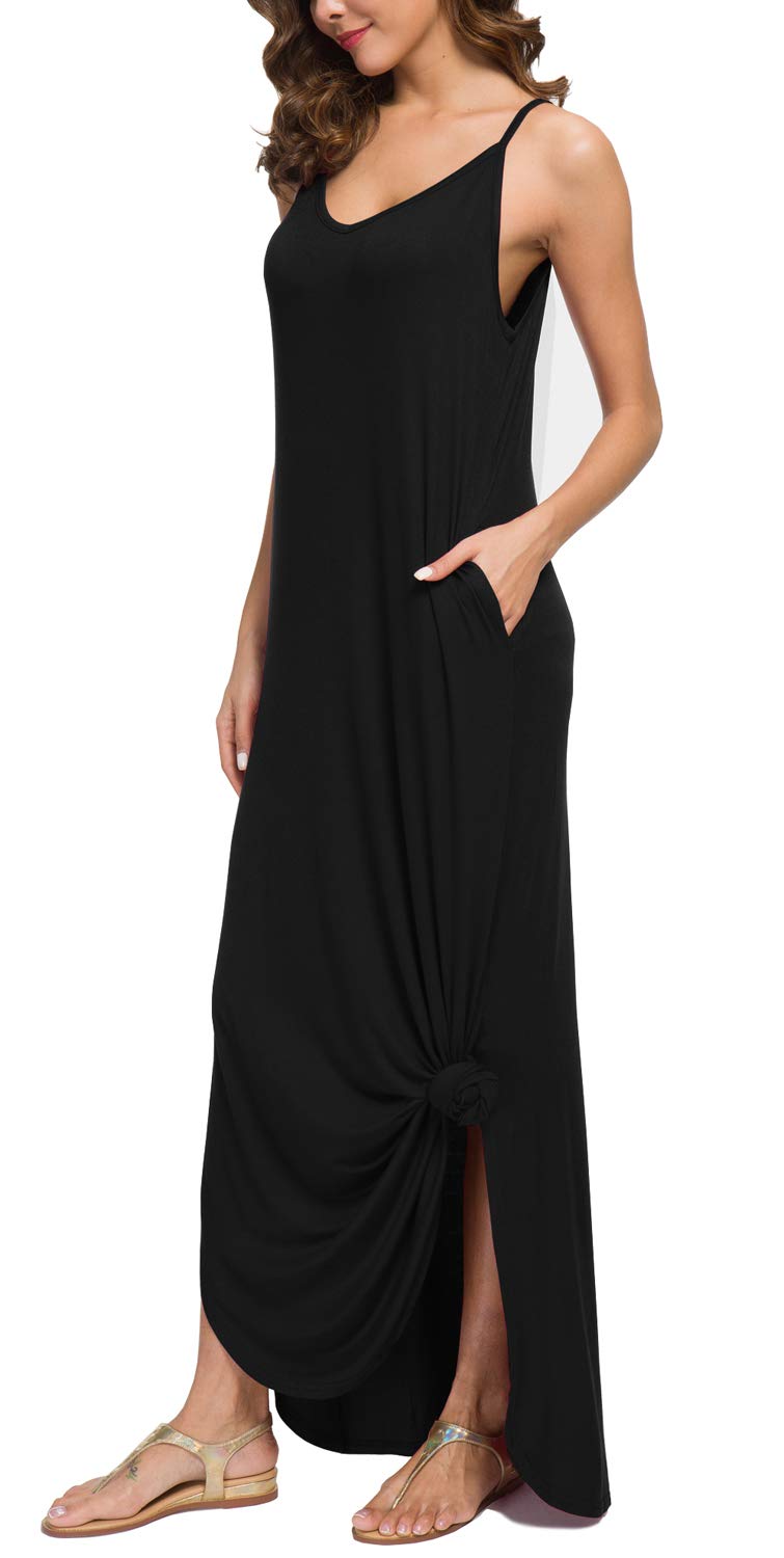 GRECERELLE Women's Summer Casual Loose Dress Beach Cover Up Long Cami Maxi Dress with Pocket Black-Medium - Image 3